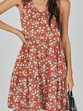 Sleeveless Red Floral Tiered Mini Dress